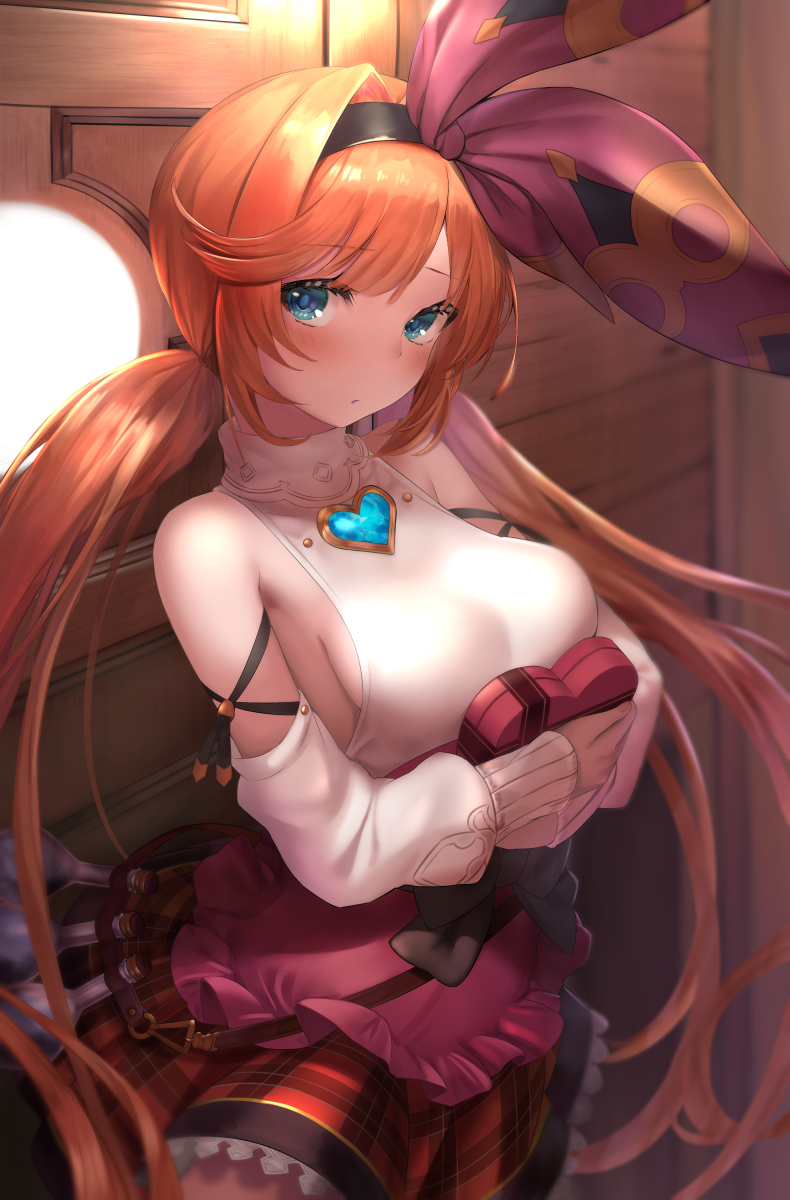 1girl apron aqua_eyes bangs belt black_bow black_hairband blurry blush bow box breasts clarisse_(granblue_fantasy) commentary_request cowboy_shot depth_of_field detached_sleeves door eyebrows_visible_through_hair frilled_apron frilled_skirt frills gift granblue_fantasy hair_bow hair_intakes hairband heart-shaped_box highres holding holding_gift large_breasts leotard long_hair looking_at_viewer low_twintails mizya orange_hair parted_lips pink_apron plaid plaid_skirt red_bow red_skirt sideboob sidelocks skirt solo standing swept_bangs test_tube turtleneck_leotard twintails valentine white_leotard white_sleeves