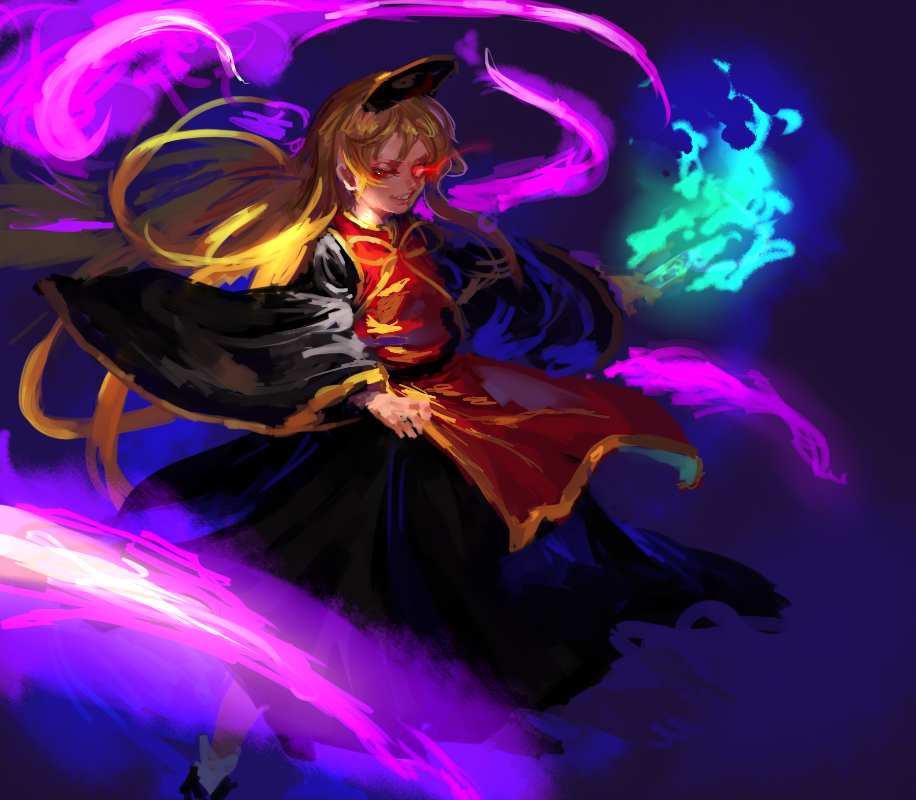 1girl black_dress blonde_hair china_dress chinese_clothes dress floating_hair glowing glowing_eye inishie_kumo junko_(touhou) legs_apart long_hair long_sleeves looking_at_viewer parted_lips smile socks solo touhou white_legwear wide_sleeves