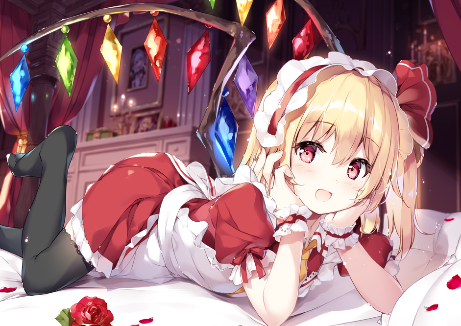 1girl :d alternate_costume apron bangs bed black_legwear blonde_hair blush commentary_request crystal curtains dress enmaided eyebrows_visible_through_hair feet_out_of_frame flandre_scarlet flower frilled_apron frills hair_between_eyes hair_ribbon hairband hands_up indoors long_hair looking_at_viewer lying maid maid_apron maid_headdress miyase_mahiro no_shoes on_stomach one_side_up open_mouth petals petticoat puffy_short_sleeves puffy_sleeves red_dress red_eyes red_flower red_hairband red_ribbon red_rose ribbon rose rose_petals shadow short_dress short_sleeves smile solo thigh-highs touhou white_apron wings wrist_cuffs