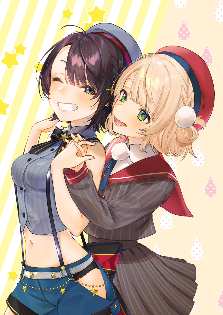 2girls aqua_eyes bangs beret breasts buttons commentary_request crop_top flat_chest green_eyes grin hat holding_hands hololive interlocked_fingers looking_at_another medium_breasts midriff multicolored multicolored_eyes multiple_girls navel neck_ribbon nokachoco114 oozora_subaru open_mouth red_sailor_collar ribbon sailor_collar shigure_ui_(channel) shigure_ui_(vtuber) short_hair shorts sidelocks sleeveless smile suspender_shorts suspenders teeth virtual_youtuber