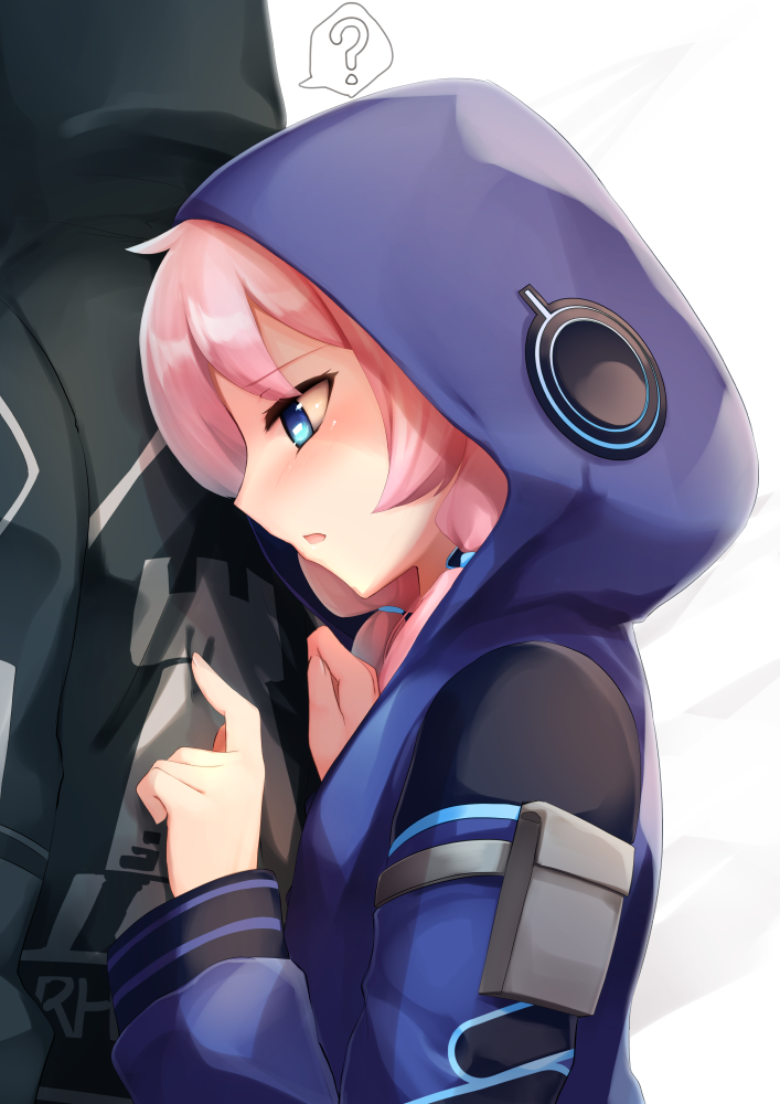 1girl ? arknights bangs blue_eyes blue_jacket blue_poison_(arknights) blush clinging doctor_(arknights) embarrassed frog_eyes haribote hood hoodie jacket long_coat looking_at_another open_mouth pale_skin pink_hair pouch touching twintails white_background