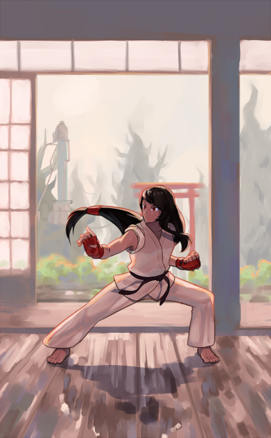 1girl barefoot belt black_belt black_hair commission dougi fighting_stance final_fantasy final_fantasy_vii fingerless_gloves full_body gloves highres karate karate_gi long_hair low-tied_long_hair red_eyes red_gloves sleeveless solo suwaiya tifa_lockhart toes torii