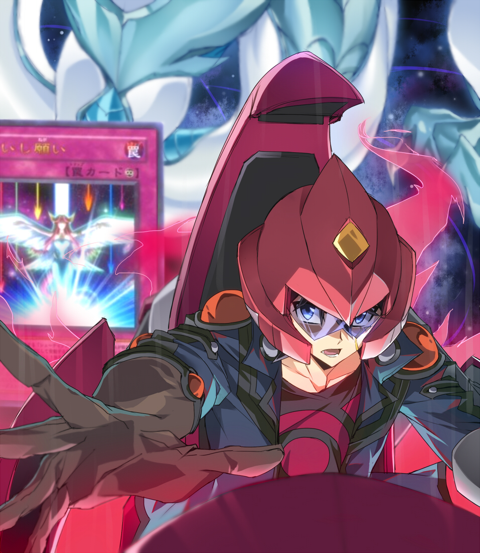 1boy black_hair blue_eyes card close-up dragon duel_monster elbow_gloves fudou_yuusei gloves ground_vehicle jacket looking_at_viewer male_focus motor_vehicle multicolored_hair open_mouth stardust_dragon streaked_hair tsuedzu yuu-gi-ou yuu-gi-ou_5d's