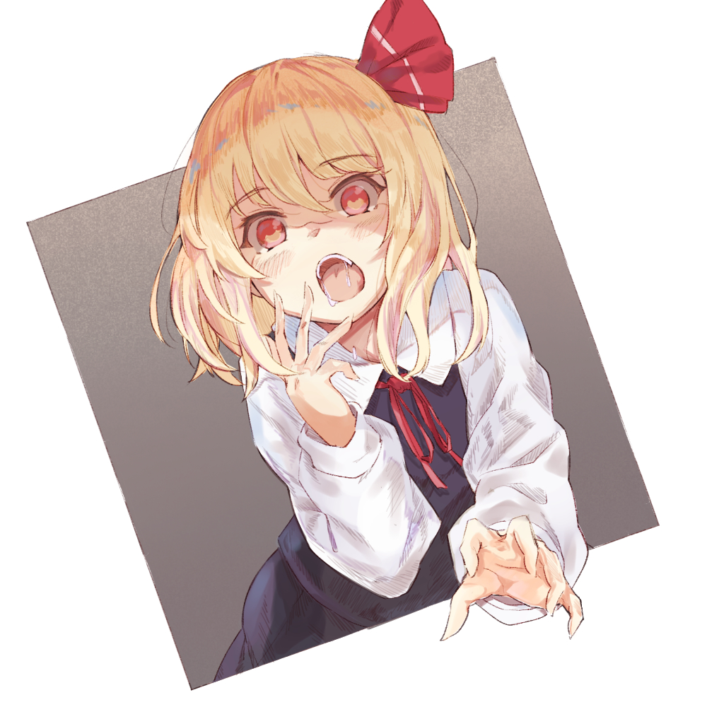 1girl black_dress black_skirt blonde_hair bow bowtie claw_pose dress drooling hair_bow hair_ribbon hand_on_own_face long_sleeves looking_at_viewer necktie open_mouth red_bow red_eyes red_neckwear red_ribbon ribbon rumia shirt short_hair skirt tamiku_(shisyamo609) teeth touhou white_shirt