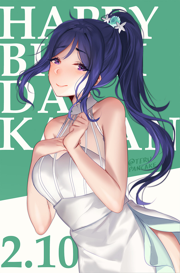 1girl artist_name bare_arms bare_shoulders blue_hair commentary dated dress english_commentary eyebrows_visible_through_hair green_background hair_ornament hands_on_own_chest hands_up happy_birthday long_hair looking_at_viewer love_live! love_live!_sunshine!! matsuura_kanan ponytail seashell_hair_ornament simple_background sleeveless sleeveless_dress smile solo starfish_hair_ornament terupancake twitter_username two-tone_background violet_eyes white_background white_dress