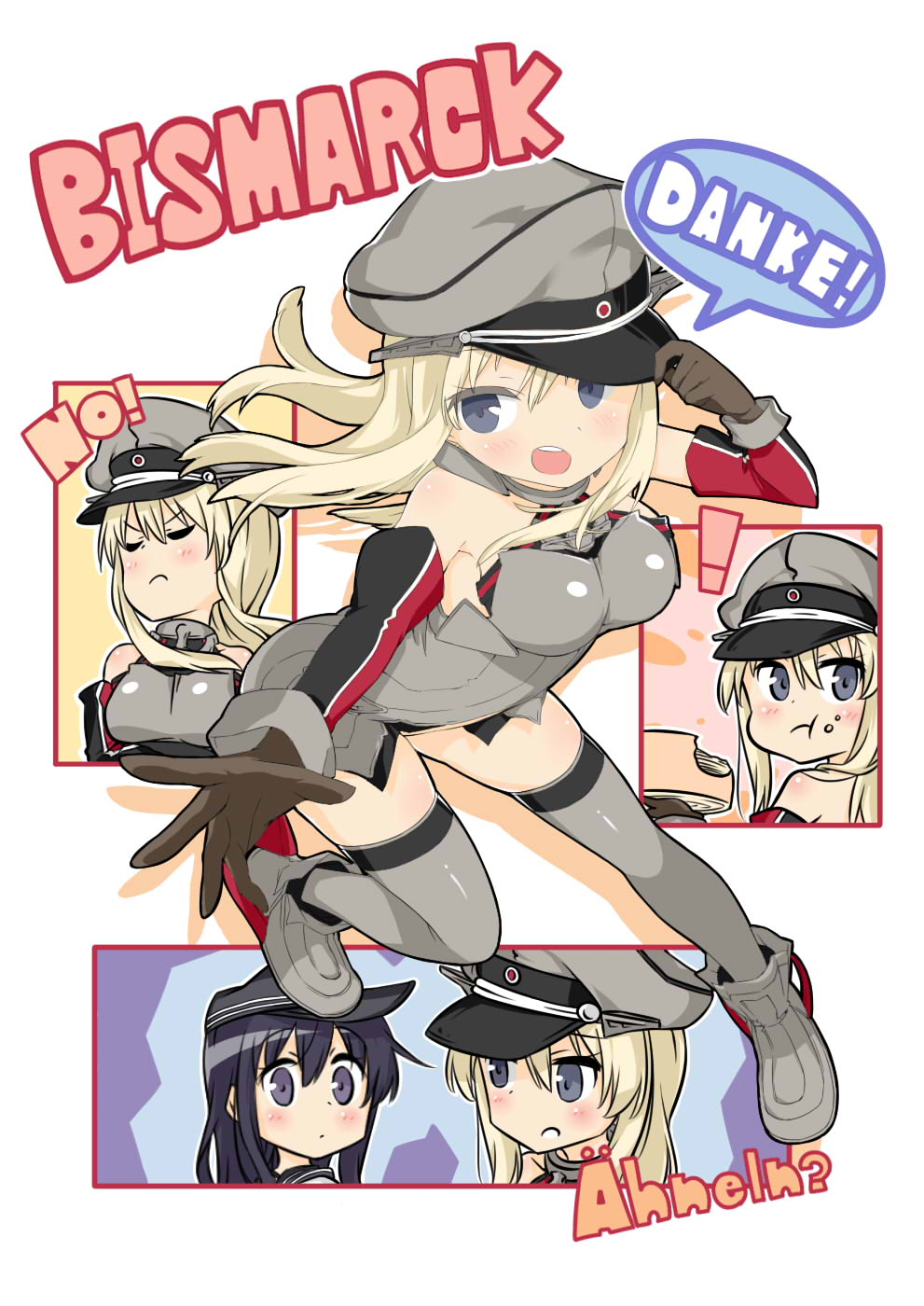 2girls :t akatsuki_(kantai_collection) anchor bangs bare_shoulders bismarck_(kantai_collection) blonde_hair blush breastplate breasts commentary_request detached_sleeves eating ebifurya eyebrows_visible_through_hair flat_cap food food_on_face gloves grey_eyes grey_legwear hair_between_eyes hat highres holding holding_food kantai_collection long_hair looking_at_viewer multiple_girls multiple_views open_mouth peaked_cap purple_hair simple_background smile thigh-highs uniform violet_eyes white_background