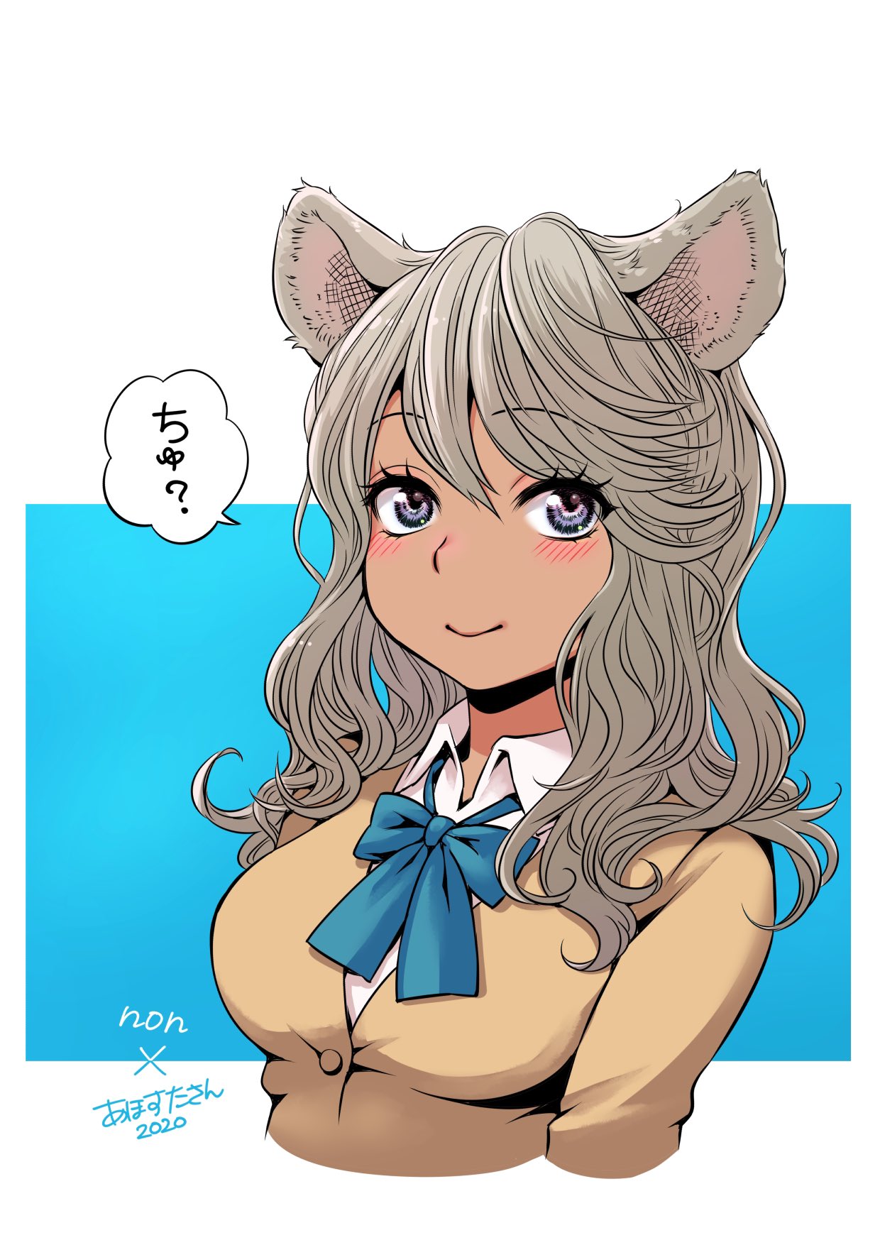 1girl afrostar animal_ears blue_eyes blush breasts grey_hair highres large_breasts looking_at_viewer mouse_ears original smile solo upper_body wavy_hair