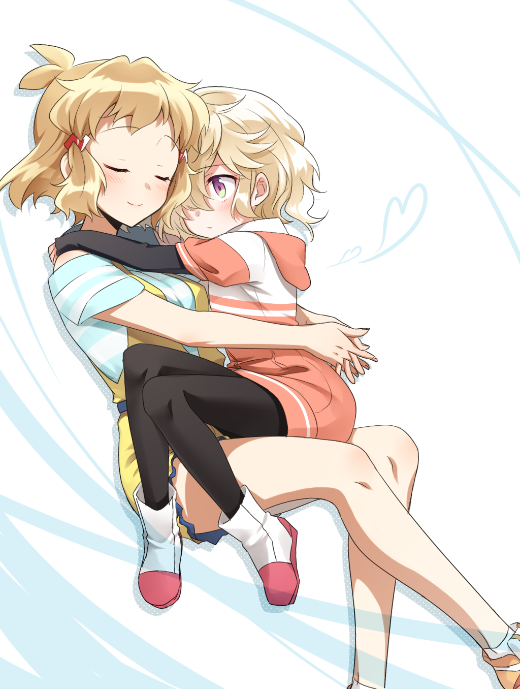 2girls black_legwear blonde_hair blue_shirt character_request closed_eyes closed_mouth dress eyebrows_visible_through_hair hair_between_eyes hair_ornament hair_over_one_eye hairclip heart highres hug interlocked_fingers lanlanlap long_sleeves miniskirt multiple_girls panties pantyshot senki_zesshou_symphogear shiny shiny_hair shirt short_dress short_hair short_over_long_sleeves short_sleeves skirt smile striped striped_shirt suspender_skirt suspenders tachibana_hibiki_(symphogear) underwear violet_eyes white_background yellow_skirt