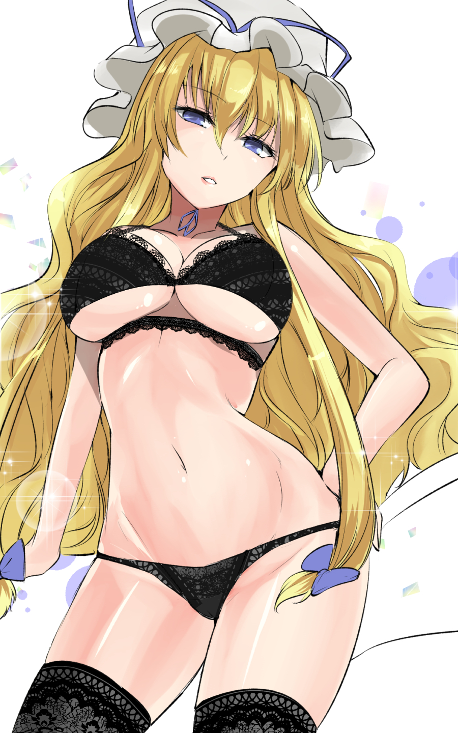 1girl bangs bare_arms bare_shoulders black_bra black_legwear black_panties blonde_hair blue_bow blue_eyes blue_ribbon bow bra breasts commentary_request cowboy_shot eyebrows_visible_through_hair groin hair_between_eyes hair_bow hand_on_hip hat hat_ribbon head_tilt highres large_breasts lens_flare long_hair looking_at_viewer mob_cap navel panties parted_lips ribbon simple_background solo sparkle standing stomach thigh-highs thighs touhou underwear underwear_only very_long_hair white_background white_headwear y2 yakumo_yukari