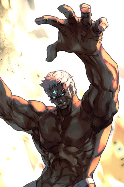 1boy abs biceps blue_eyes chest curly_hair dark_skin dark_skinned_male forehead_jewel grin hankuri male_focus male_swimwear manly muscle outstretched_arms shirtless sideburns simple_background smile solo street_fighter street_fighter_iii_(series) swimwear thong upper_body urien white_hair