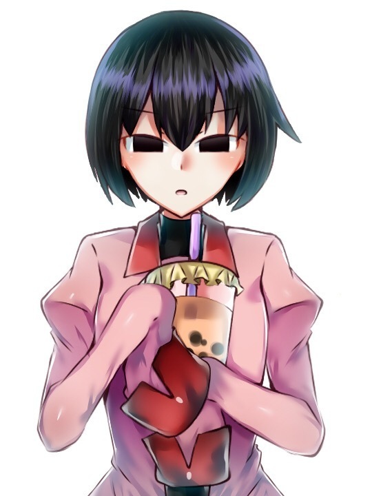 1girl bangs black_eyes black_hair bob_cut bubble_tea commentary cup drinking_straw empty_eyes holding holding_cup light_blush looking_at_viewer monogatari_(series) oshino_ougi parted_lips pink_shirt school_uniform shirt short_hair simple_background sleeves_past_wrists solo t33h8703 upper_body white_background
