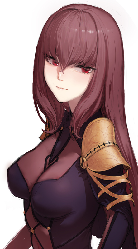 1girl amo_(silent_bomb19) bodysuit breasts closed_mouth fate/grand_order fate_(series) hair_between_eyes impossible_bodysuit impossible_clothes large_breasts light_smile long_hair looking_at_viewer purple_bodysuit red_eyes redhead scathach_(fate)_(all) scathach_(fate/grand_order) shoulder_armor simple_background skin_tight solo spaulders upper_body white_background