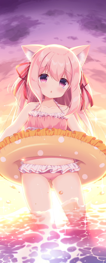 1girl animal_ear_fluff animal_ears ass_visible_through_thighs azur_lane bikini cat_ears clouds frilled_bikini frills ikataruto innertube kisaragi_(azur_lane) long_hair outdoors pink_bikini pink_eyes pink_hair ribbon sky solo sunset swimsuit two_side_up wading water