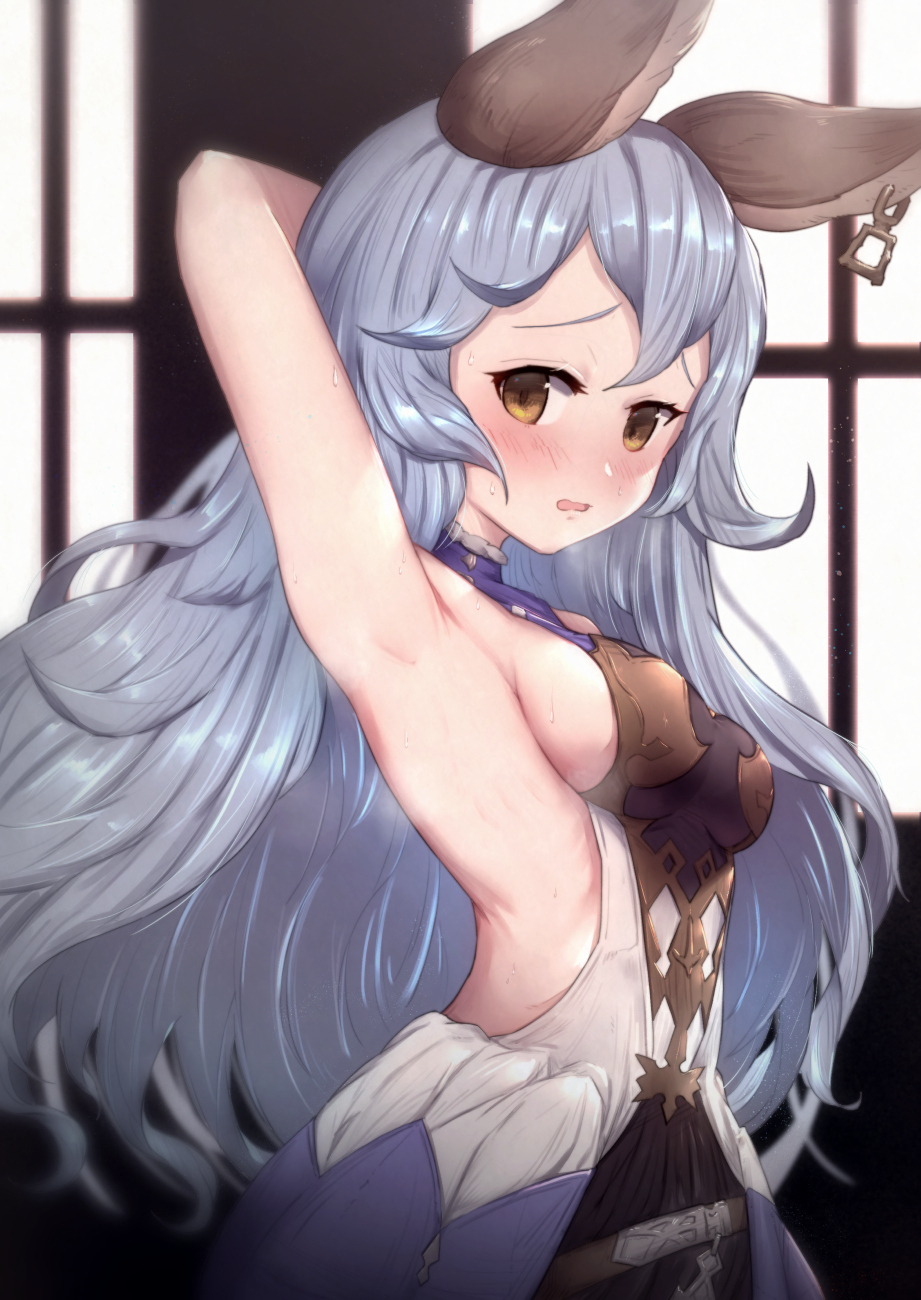 1girl animal_ears arm_up armpits bangs bare_shoulders blue_skirt blurry blurry_background blush breasts brown_eyes commentary_request depth_of_field ear_piercing erune ferry_(granblue_fantasy) granblue_fantasy grey_hair hand_behind_head highres long_hair medium_breasts nose_blush parted_lips piercing shirt sideboob skirt sleeveless sleeveless_shirt solo steaming_body sweat uneg very_long_hair white_shirt window