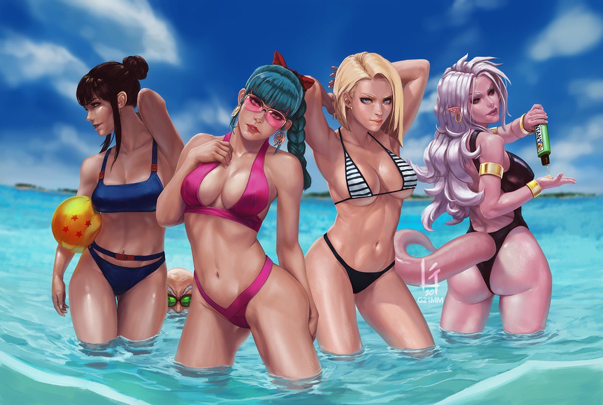 1boy 4girls android_18 android_21 armlet armpits arms_up ass bald ball beachball bikini black_hair blue_hair bracelet braid breasts bulma chi-chi_(dragon_ball) dragon_ball dragon_ball_fighterz dragon_ball_z g21mm hair_bun jewelry lotion majin_android_21 multiple_girls muten_roushi navel old_man parted_lips pink_skin silver_hair stomach sunglasses sunscreen swimsuit tail toned wet white_eyebrows