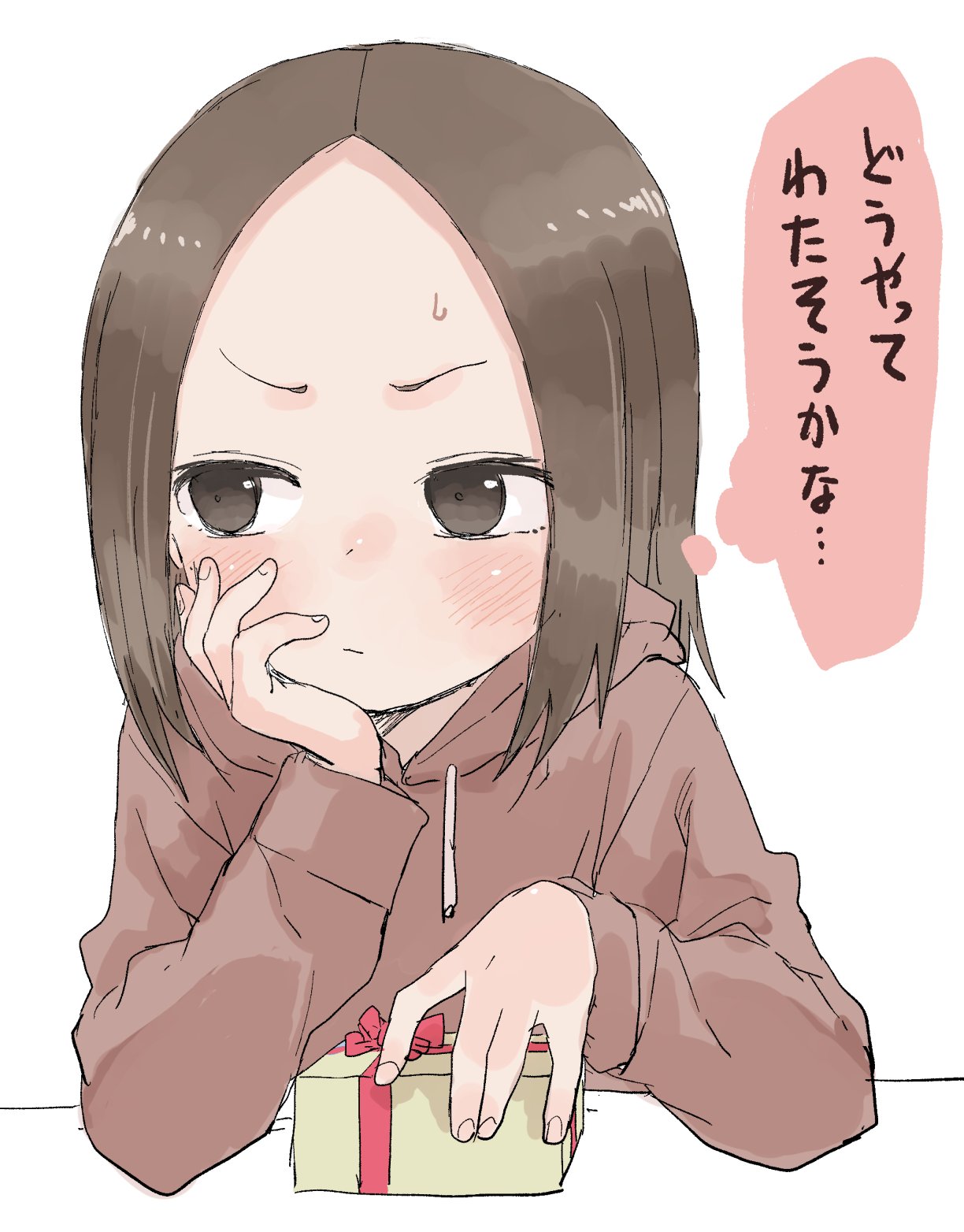 1girl bangs blush box brown_eyes brown_hair brown_hoodie commentary_request drawstring forehead gift gift_box highres holding holding_gift hood hood_down hoodie karakai_jouzu_no_(moto)_takagi-san long_sleeves looking_away looking_to_the_side nishikata_chii parted_bangs simple_background solo sweat translation_request upper_body valentine white_background yamamoto_souichirou