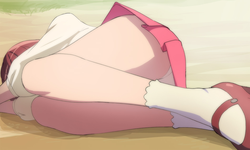 1girl brown_footwear hanadera_nodoka haruyama_kazunori healin'_good_precure legs lying on_side panties pink_skirt precure raglan_sleeves redhead shoes short_hair skirt socks solo underwear white_panties