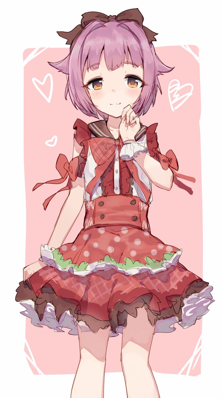 1girl :3 bow brown_eyes center_frills commentary dress eyebrows_visible_through_hair food_print hand_to_own_mouth hand_up heart highres koshimizu_sachiko layered_dress looking_at_viewer pink_background purple_hair red_bow shone short_hair simple_background sketch sleeveless smile solo strawberry_print wrist_cuffs