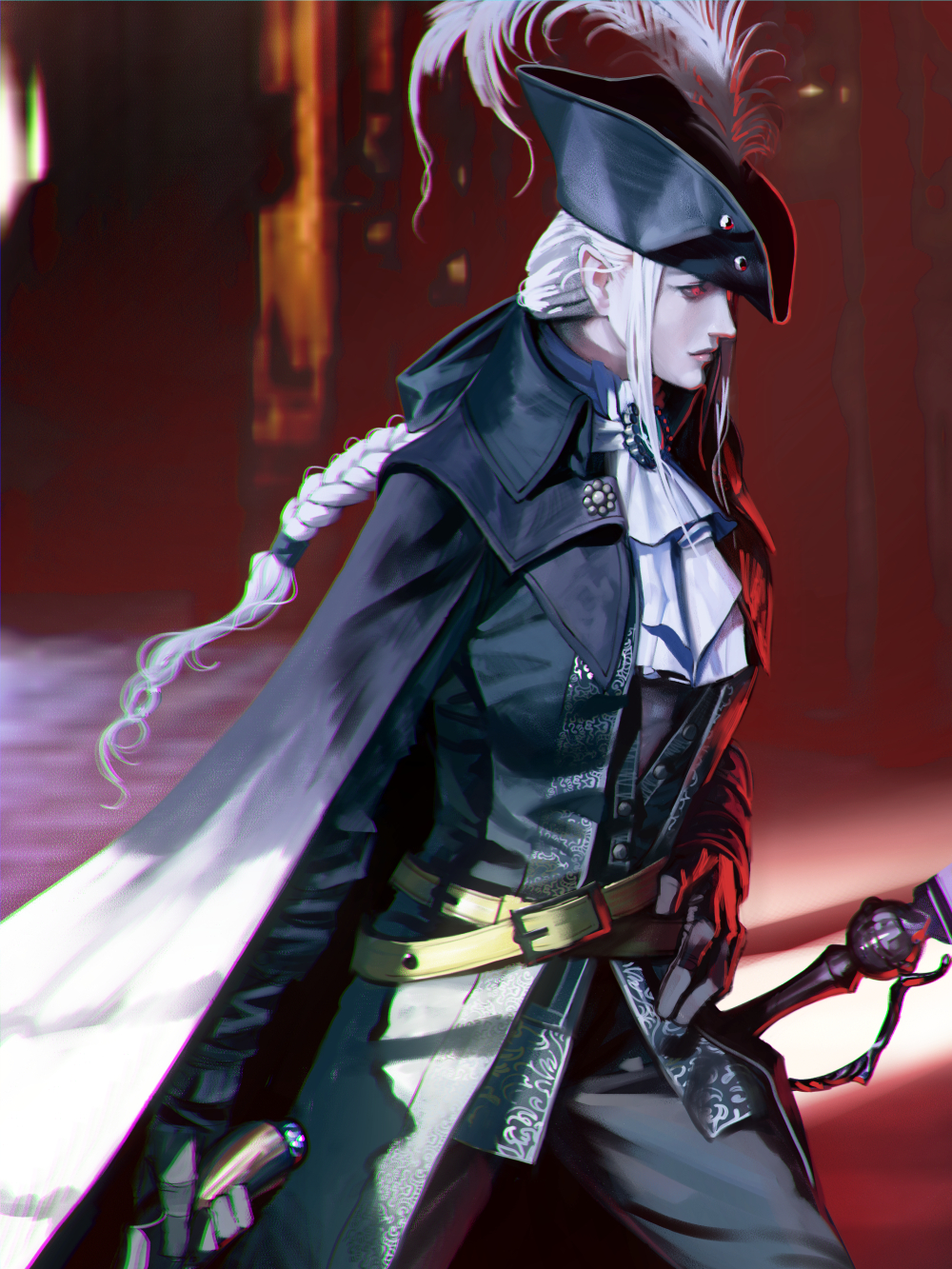 1girl belt belt_buckle black_cape black_gloves black_headwear bloodborne braid buckle cape closed_mouth feathers frills gloves glowing glowing_eyes hand_on_hip hat hat_feather highres holding holding_sword holding_weapon lady_maria_of_the_astral_clocktower long_hair moruga red_eyes solo sword weapon white_hair yellow_belt