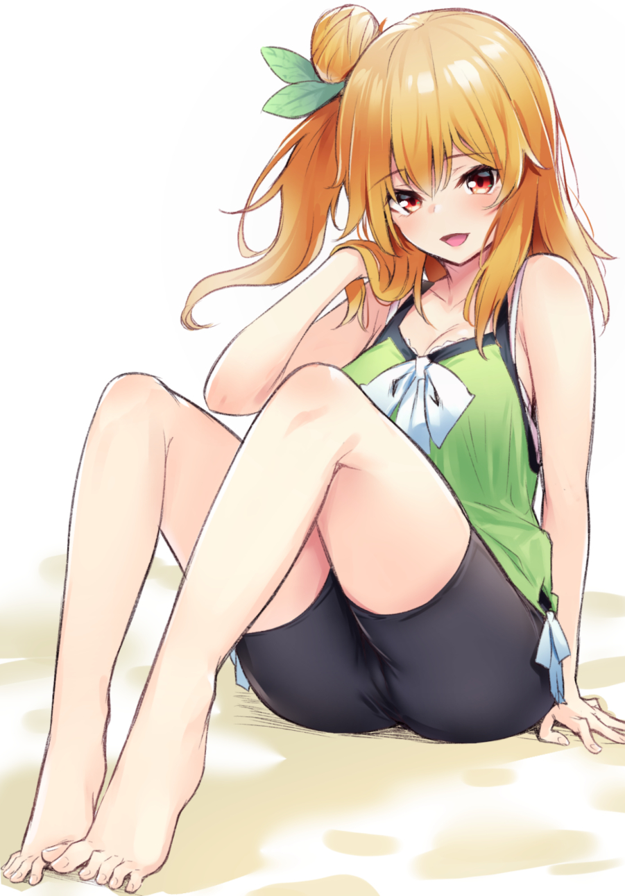 1girl bangs barefoot bike_shorts blush borushichi breasts eyebrows_visible_through_hair feet full_body green_shirt hair_between_eyes hair_bun hair_leaf highres hinatsuki_mikan long_hair looking_at_viewer machikado_mazoku medium_breasts open_mouth orange_hair shirt side_bun side_ponytail simple_background sitting sleeveless sleeveless_shirt smile solo toes white_background