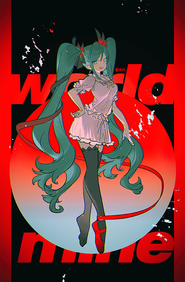 1girl arm_at_side ballet_slippers black_background black_legwear black_ribbon black_theme blue_eyes blue_hair breasts circle commentary copyright_name curly_hair dress english_commentary english_text floating frilled_dress frilled_sleeves frills full_body furrowed_eyebrows hair_ribbon hand_on_hip hatsune_miku haun light_particles long_hair looking_to_the_side no_shoes open_mouth pillarboxed puffy_short_sleeves puffy_sleeves red_footwear red_ribbon red_theme ribbon shoes short_dress short_sleeves sidelocks simple_background single_shoe small_breasts solo string supreme_(module) thigh-highs twintails twitter_username very_long_hair vocaloid white_dress white_ribbon world_is_mine_(vocaloid) zettai_ryouiki