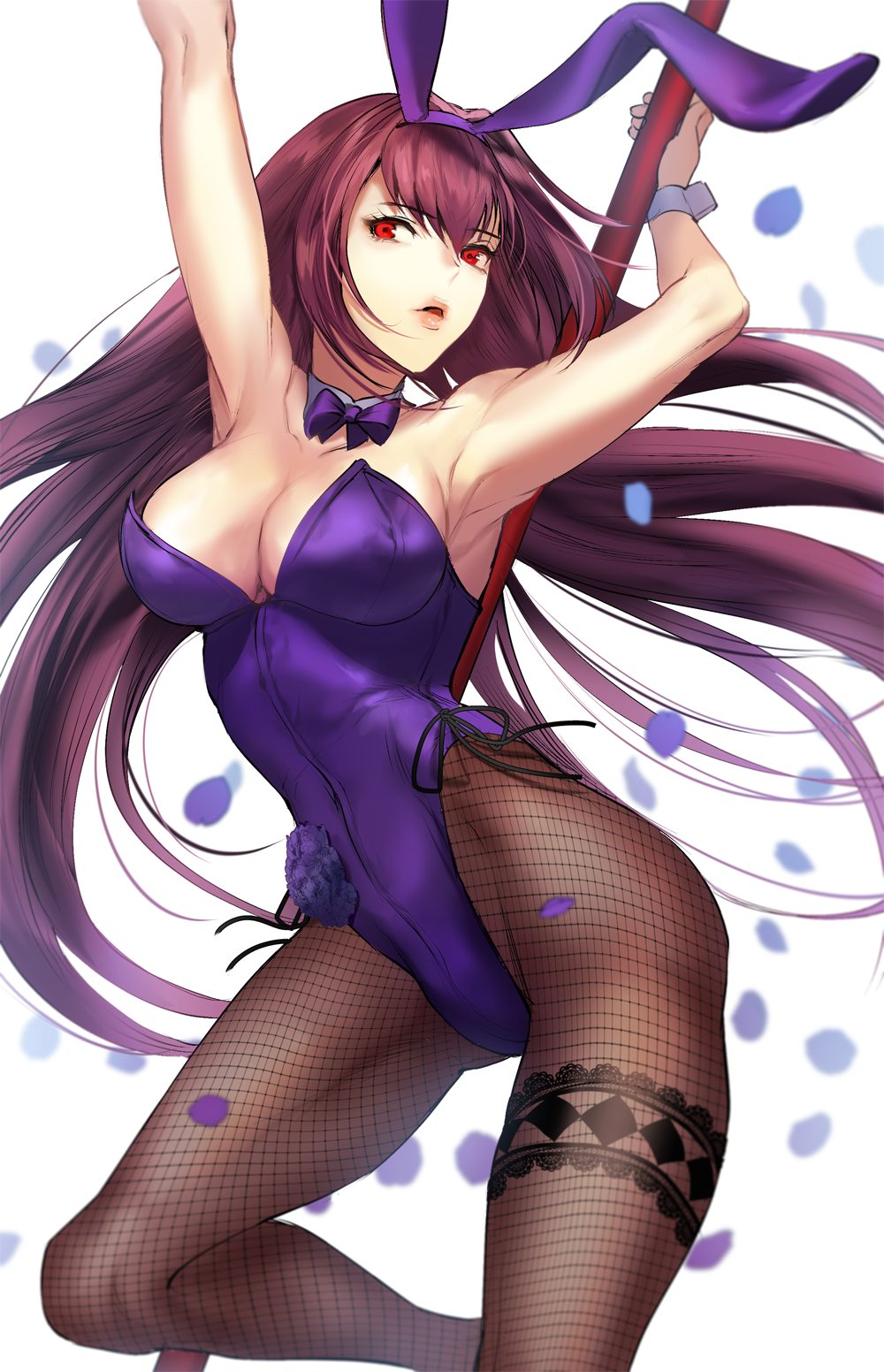 animal_ears boba bow bowtie breasts bunny_girl bunnysuit covered_navel detached_collar fake_animal_ears fate/grand_order fate_(series) fishnet_legwear fishnets gae_bolg hair_intakes highres holding holding_weapon large_breasts leotard long_hair pantyhose purple_hair purple_leotard rabbit_ears red_eyes scathach_(fate)_(all) scathach_(fate/grand_order) strapless strapless_leotard weapon wrist_cuffs