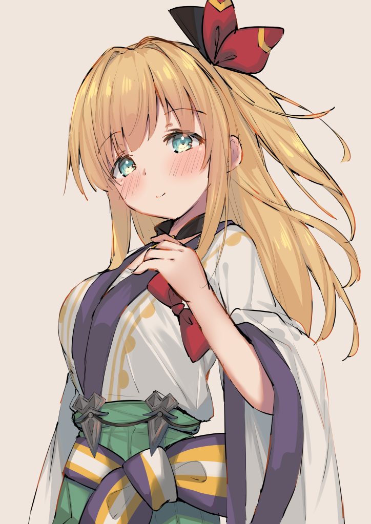 1girl blonde_hair blush bow eip_(pepai) granblue_fantasy hand_on_own_chest japanese_clothes long_hair mirin_(granblue_fantasy) sarashi side_ponytail smile wide_sleeves