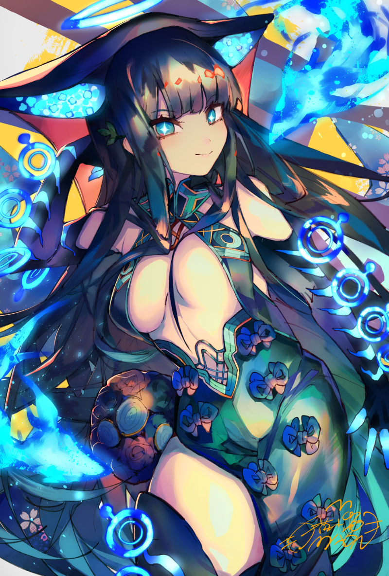 +_+ 1girl arm_behind_head bangs bare_shoulders black_dress black_gloves black_headwear black_legwear blue_eyes blue_fire blunt_bangs blush breasts center_opening closed_mouth dress elbow_gloves fate/grand_order fate_(series) fire fish floral_print gloves hair_ornament halo large_breasts leaf_hair_ornament long_hair looking_at_viewer maon_(vava0210) medium_breasts purple_hair sash smile solo sparkling_eyes thigh-highs thighs very_long_hair yang_guifei_(fate/grand_order)