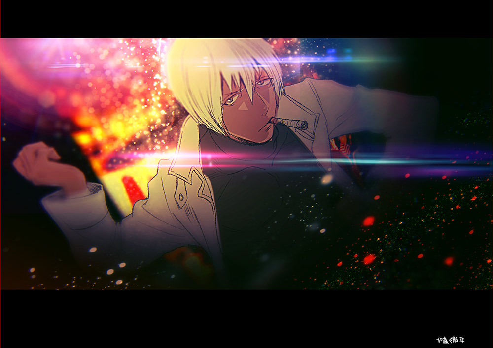 1boy cigarette dark_skin dark_skinned_male frown jacket katou_teppei kekkai_sensen lens_flare letterboxed male_focus mouth_hold solo tareme white_hair white_jacket zap_renfro