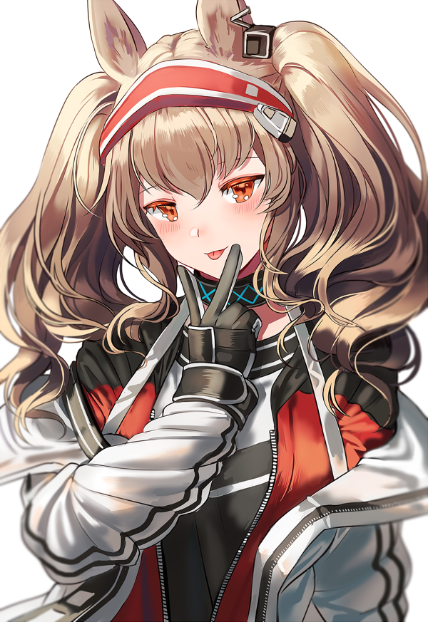 1girl :p angelina_(arknights) animal_ears arknights bangs blush brown_eyes brown_hair choker earpiece eyelashes fingers_to_mouth fox_ears gloves hairband jacket looking_at_viewer red_jacket silence_girl strap tongue tongue_out twintails undershirt white_background white_coat zipper