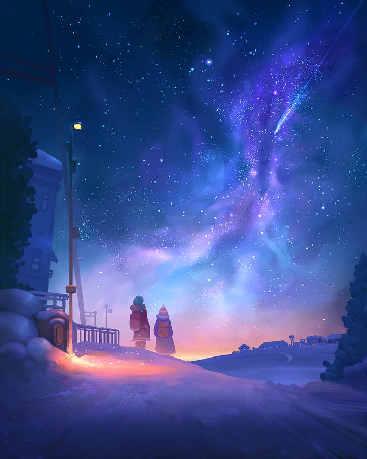 ambiguous_gender backpack bag beanie building coat english_commentary facing_away from_behind gydwin hat house lamppost night night_sky original outdoors railing road scenery shooting_star sky snow star_(sky) stargazing starry_sky winter