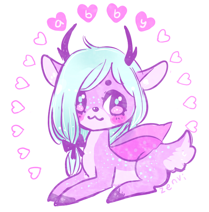 :3 artist_name blue_hair blush character_name creature deer hair_ribbon heart horns ixi_(neopets) kitsiefox neopets no_humans purple_theme ribbon simple_background solo tied_hair white_background