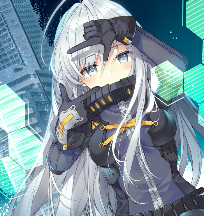 1girl ahoge black_gloves building commentary_request eyebrows_visible_through_hair finger_frame gloves grey_eyes grey_jacket half-closed_eyes holographic_monitor jacket light_particles long_hair long_sleeves mishima_kurone original silver_hair solo upper_body zipper