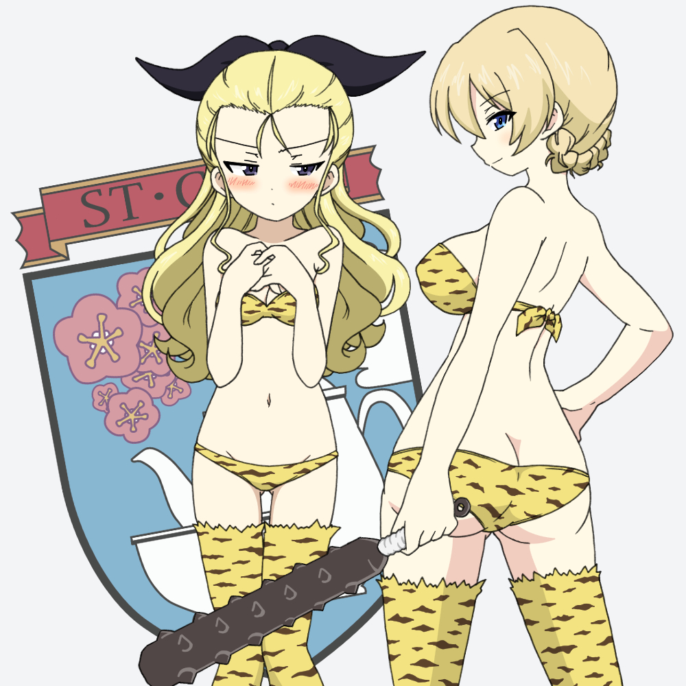 2girls ass ass_visible_through_thighs assam_(girls_und_panzer) back bangs bikini black_ribbon blonde_hair blue_eyes blush braid breast_envy breasts butt_crack closed_mouth club commentary darjeeling_(girls_und_panzer) emblem from_behind frown girls_und_panzer glaring grey_background groin hair_pulled_back hair_ribbon half-closed_eyes hand_on_hip hands_together holding holding_weapon ichinose_jun long_hair looking_at_another looking_at_viewer looking_back medium_breasts multiple_girls navel print_bikini print_legwear ribbon setsubun short_hair small_breasts smile spiked_club st._gloriana's_(emblem) standing strapless strapless_bikini swimsuit thigh-highs tied_hair tiger_stripes twin_braids weapon yellow_bikini yellow_legwear