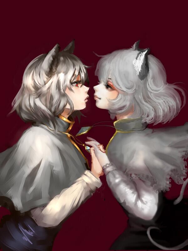 animal_ears black_skirt closed_mouth dual_persona eye_contact grey_hair holding_hands inishie_kumo interlocked_fingers long_sleeves looking_at_another mouse_ears mouse_tail nazrin parted_lips profile red_background red_eyes simple_background skirt smile tail touhou