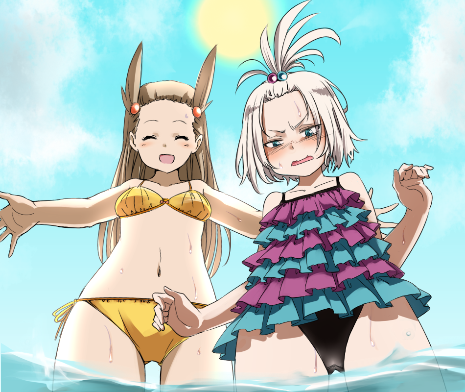 2girls alternate_costume bikini black_bikini_bottom blue_eyes blush brown_hair clouds cloudy_sky enomushi forehead frills from_below hair_bobbles hair_ornament homika_(pokemon) mikan_(pokemon) multiple_girls ocean pokemon pokemon_(game) pokemon_bw2 sky striped sun swimsuit white_hair yellow_bikini