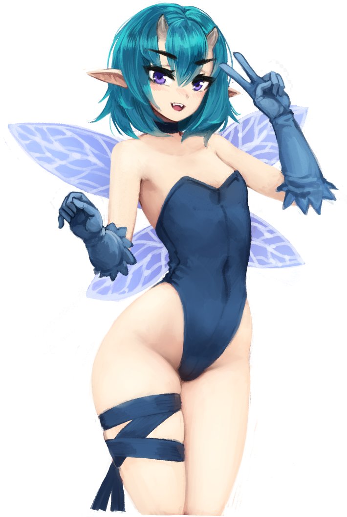 1girl :d bangs barbariank bare_shoulders blue_gloves blue_hair blue_leotard blue_ribbon breasts choker commentary cowboy_shot english_commentary eyebrows_visible_through_hair eyes_visible_through_hair fairy_wings fangs gloves hair_between_eyes hand_up highleg highleg_leotard horns leotard looking_at_viewer monster_girl_encyclopedia open_mouth pixie_(monster_girl_encyclopedia) pointy_ears ribbon short_hair simple_background small_breasts smile solo thigh_ribbon v violet_eyes white_background wings