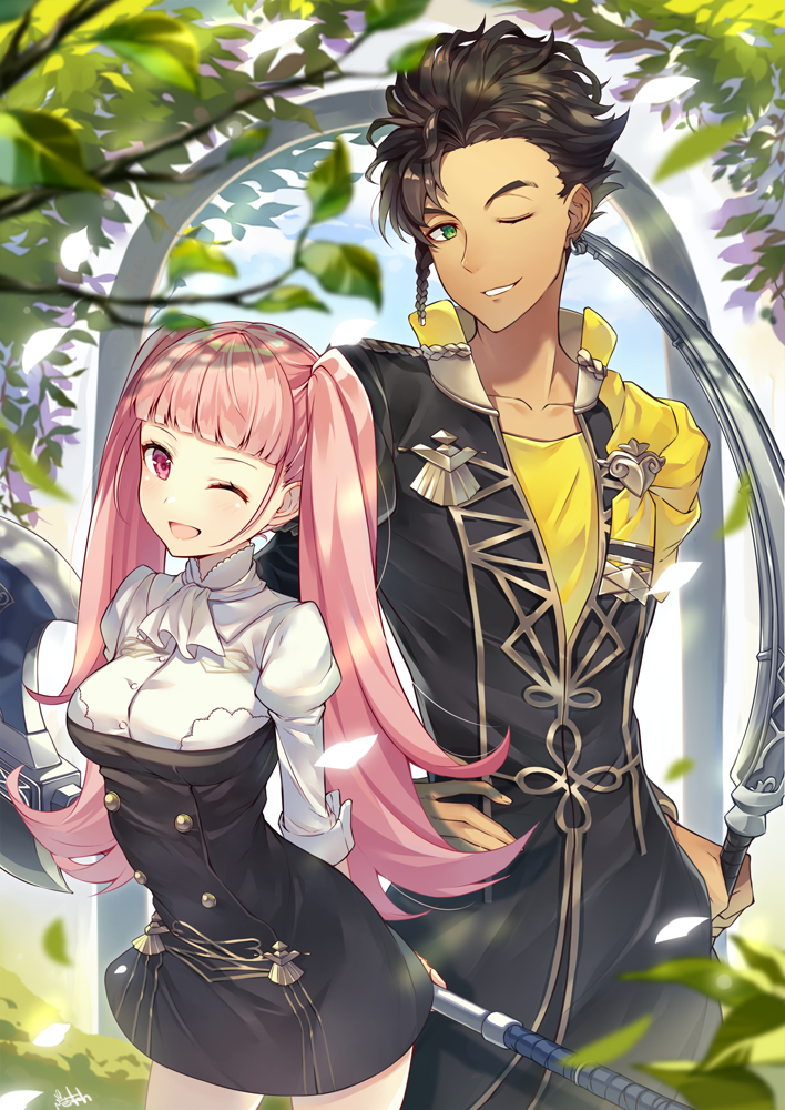 1boy 1girl axe bangs blunt_bangs breasts brown_hair claude_von_riegan collarbone commentary_request couple dark_skin fire_emblem fire_emblem:_three_houses fire_emblem:_three_houses fire_emblem_16 garreg_mach_monastery_uniform green_eyes hilda_valentine_goneril holding holding_sword holding_weapon intelligent_systems long_hair long_sleeves love nintendo one_eye_closed open_mouth outdoors parted_lips pink_eyes pink_hair ringozaka_mariko short_hair simple_background smile sword twintails uniform weapon wink