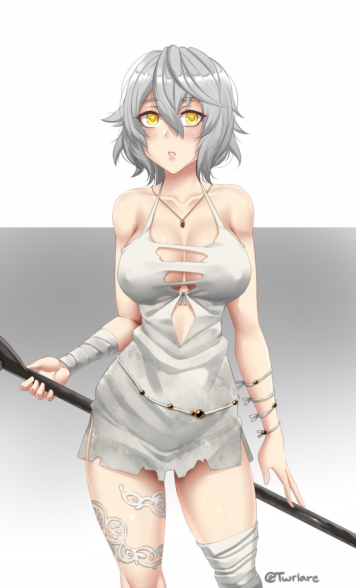 1girl artist_name bandaged_arm bandaged_leg bandages bangs bare_arms bare_shoulders breasts code_vein collarbone commentary covered_nipples cowboy_shot dress english_commentary eyebrows_visible_through_hair grey_hair hair_between_eyes highres io_(code_vein) jewelry large_breasts looking_at_viewer necklace parted_lips polearm short_hair simple_background solo torn_clothes torn_dress twitter_username twrlare weapon white_dress yellow_eyes