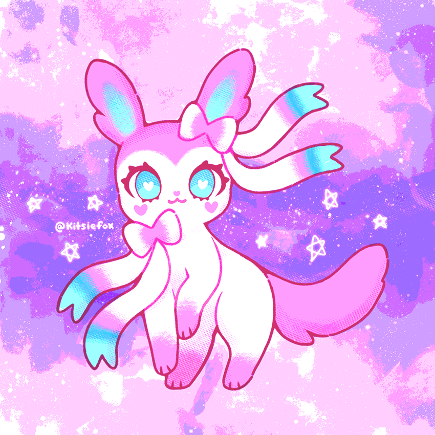 blue_eyes creature gen_6_pokemon heart heart-shaped_pupils kitsiefox looking_at_viewer no_humans pink_theme pokemon pokemon_(creature) solo star sylveon symbol-shaped_pupils