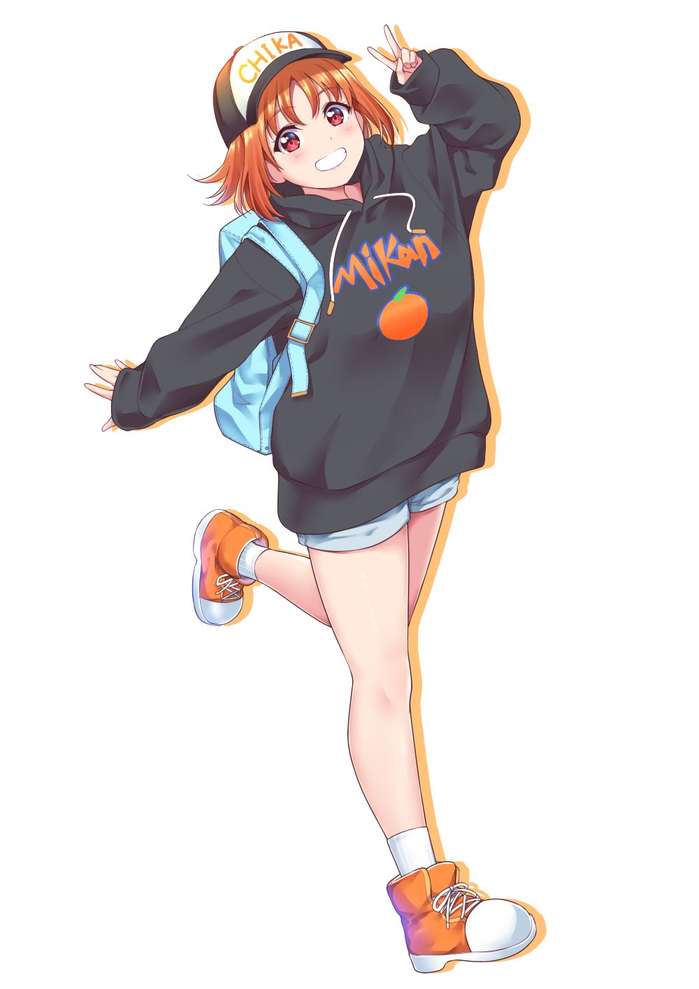 1girl :d arm_up backpack bag bangs bare_legs baseball_cap black_headwear black_hoodie blush character_name clothes_writing commentary_request drawstring full_body grin hat highres hood hood_down kanabun leg_up long_sleeves looking_at_viewer love_live! love_live!_sunshine!! open_mouth orange_footwear orange_hair parted_bangs red_eyes shorts simple_background smile socks solo spread_legs standing standing_on_one_leg takami_chika teeth v white_background white_legwear white_shorts