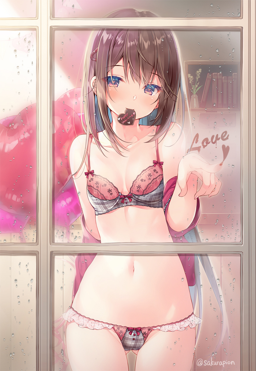 1girl ass_visible_through_thighs balloon bare_shoulders bookshelf bra breasts brown_hair candy chocolate chocolate_heart collarbone commentary cowboy_shot dew_drop english_commentary food frills hair_ornament hairclip heart heart-shaped_pupils highres jacket lingerie long_hair looking_at_viewer miwabe_sakura mouth_hold navel off_shoulder original panties red_eyes red_jacket small_breasts solo stomach symbol-shaped_pupils thighs twitter_username underwear very_long_hair water_drop window