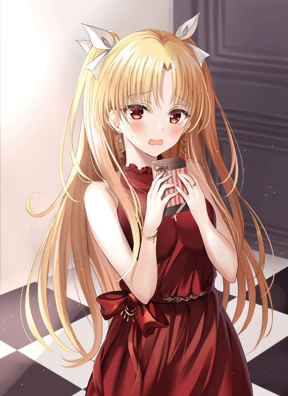 1girl bangs bare_shoulders blonde_hair blush breasts dress ereshkigal_(fate/grand_order) fate/grand_order fate_(series) harimoji highres long_hair looking_at_viewer open_mouth parted_bangs red_dress red_eyes solo two_side_up