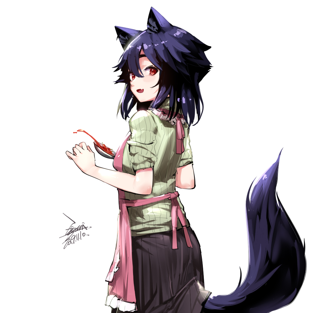 1girl :d animal_ears apron black_hair breasts dated ejami ekko_(ejami) fang fox_ears fox_girl fox_tail holding_ladle ladle open_mouth original red_eyes short_hair short_sleeves signature skin_fang skirt smile sweater tail