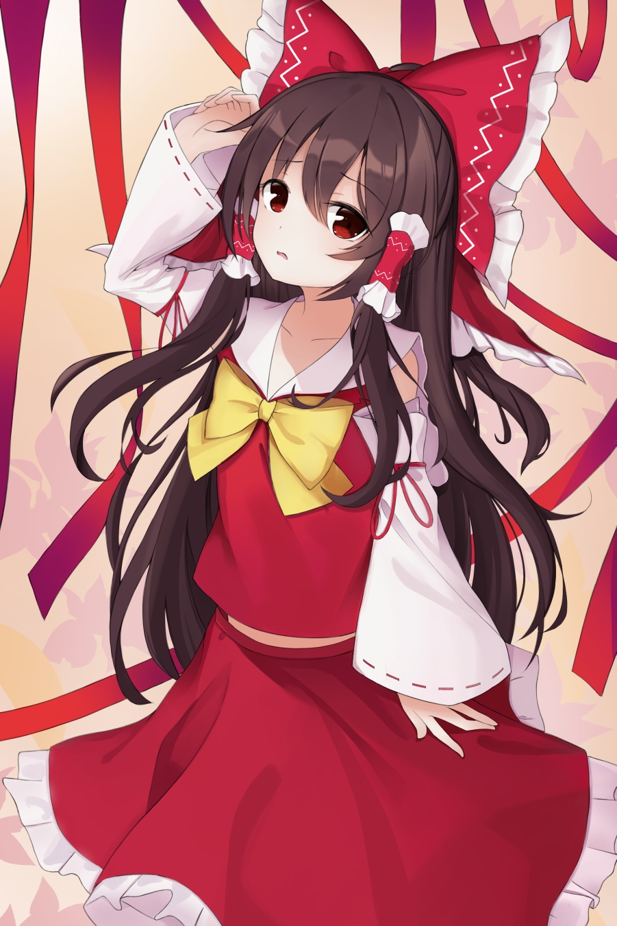 ascot bangs bare_shoulders bow brown_eyes brown_hair collared_shirt cowboy_shot detached_sleeves frilled_bow frilled_skirt frills hair_bow hair_tubes hakurei_reimu half_updo hand_up highres long_hair looking_at_viewer midriff red_bow red_shirt red_skirt redfake12 ribbon-trimmed_sleeves ribbon_trim shirt skirt sleeveless sleeveless_shirt touhou yellow_neckwear