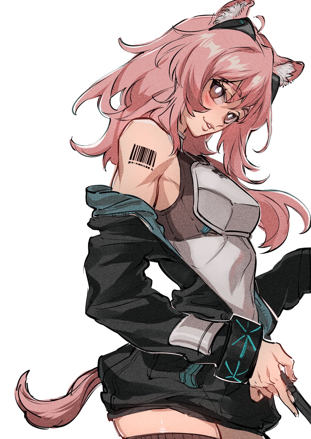 1girl animal_ears arknights barcode bare_shoulders blush breastplate breasts brown_eyes gravel_(arknights) grin highres looking_at_viewer off_shoulder pink_hair simple_background smile solo tail thigh-highs towtow_redoland white_background
