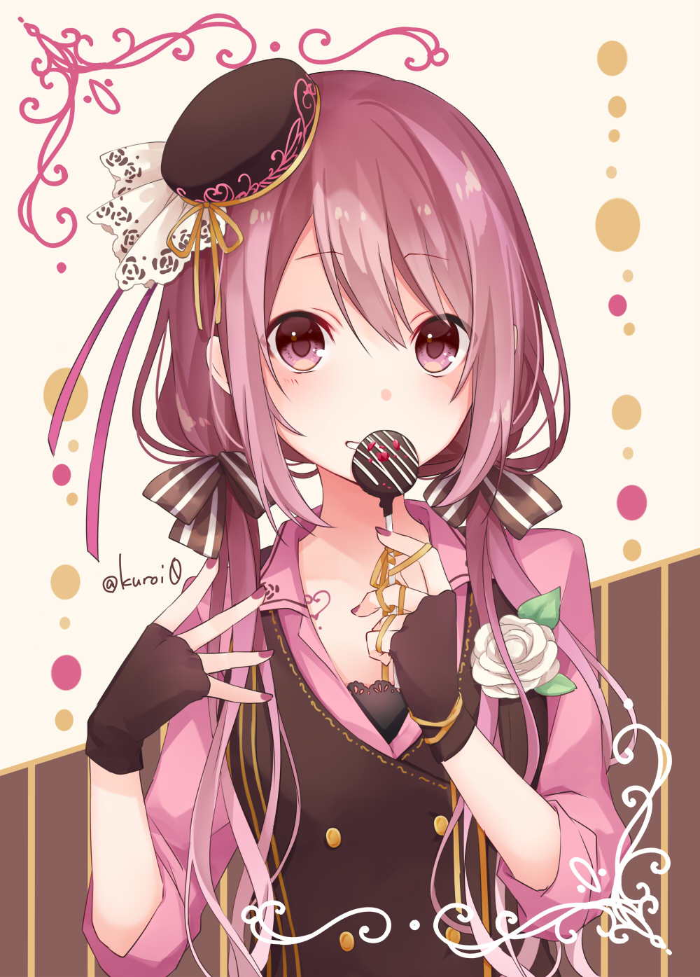 1girl artist_name bangs blush breasts brown_headwear brown_vest candy chocolate commentary eyebrows_visible_through_hair fingerless_gloves food gloves grin hair_between_eyes hair_ribbon hat highres holding_candy kuroi_(liar-player) lollipop long_hair long_sleeves looking_at_viewer mini_hat original pink_shirt red_eyes red_nails redhead ribbon shirt sidelocks small_breasts smile solo swept_bangs twintails vest