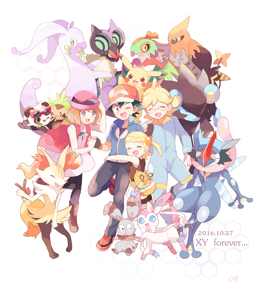 2boys 2girls ^_^ braixen bunnelby citron_(pokemon) closed_eyes creature dated dedenne english_text eureka_(pokemon) gen_1_pokemon gen_6_pokemon goodra greninja hawlucha hug mei_(maysroom) multiple_boys multiple_girls noivern pikachu pokemon pokemon_(anime) pokemon_(creature) pokemon_xy_(anime) satoshi_(pokemon) serena_(pokemon) simple_background sylveon talonflame white_background zygarde_cell