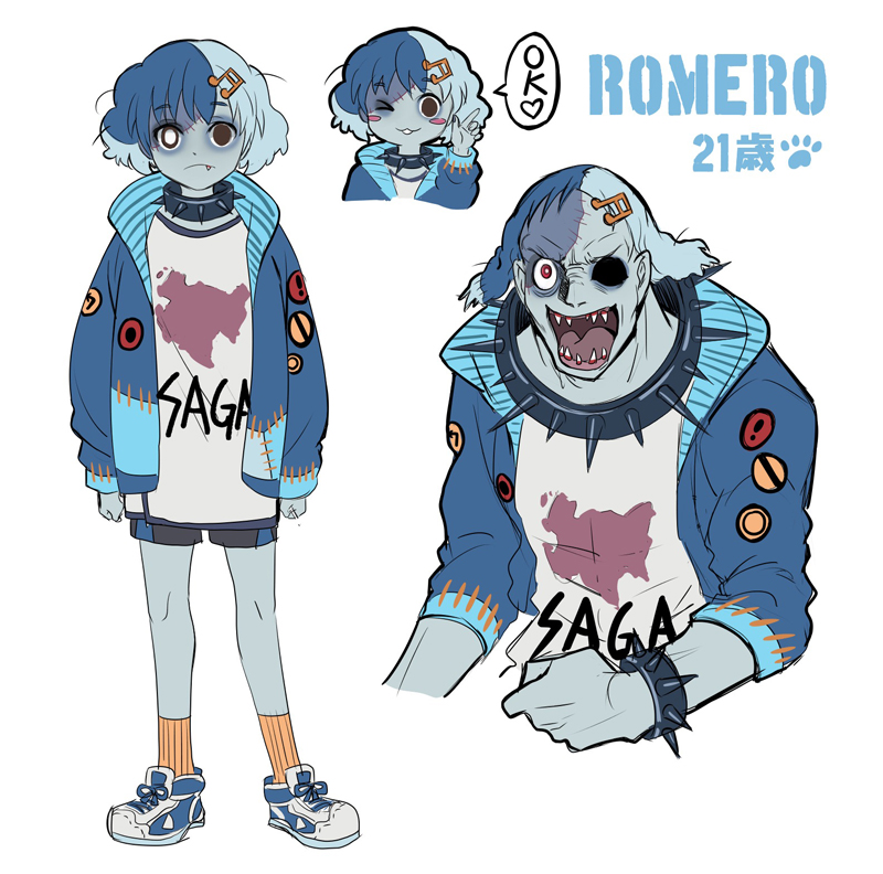 1boy :3 blue_hair blue_jacket blue_skin blush_stickers character_name closed_mouth collar da_huang fang jacket missing_eye multicolored_hair multiple_views musical_note open_mouth personification red_eyes romero_(zombie_land_saga) saga_prefecture sharp_teeth shoes short_hair shorts simple_background smile socks spiked_collar spikes teeth two-tone_hair white_background zombie_land_saga