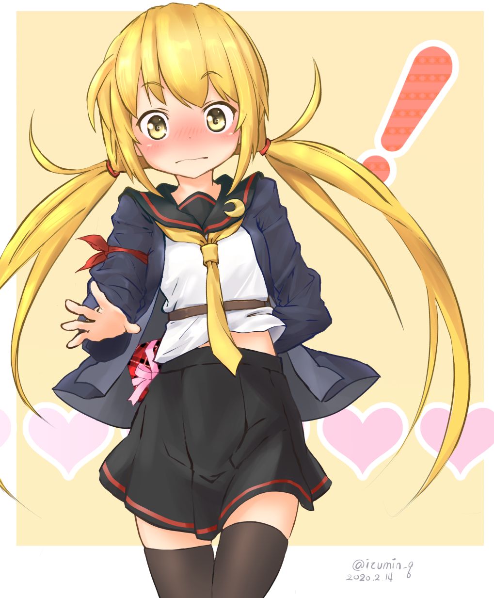 ! 1girl black_cardigan black_legwear black_sailor_collar black_skirt blonde_hair blush box cardigan commentary_request crescent crescent_moon_pin dated eyebrows_visible_through_hair gift gift_box highres holding holding_gift izumikuma kantai_collection long_hair low_twintails neckerchief pleated_skirt remodel_(kantai_collection) sailor_collar satsuki_(kantai_collection) school_uniform serafuku skirt solo thigh-highs twintails twitter_username yellow_eyes yellow_neckwear